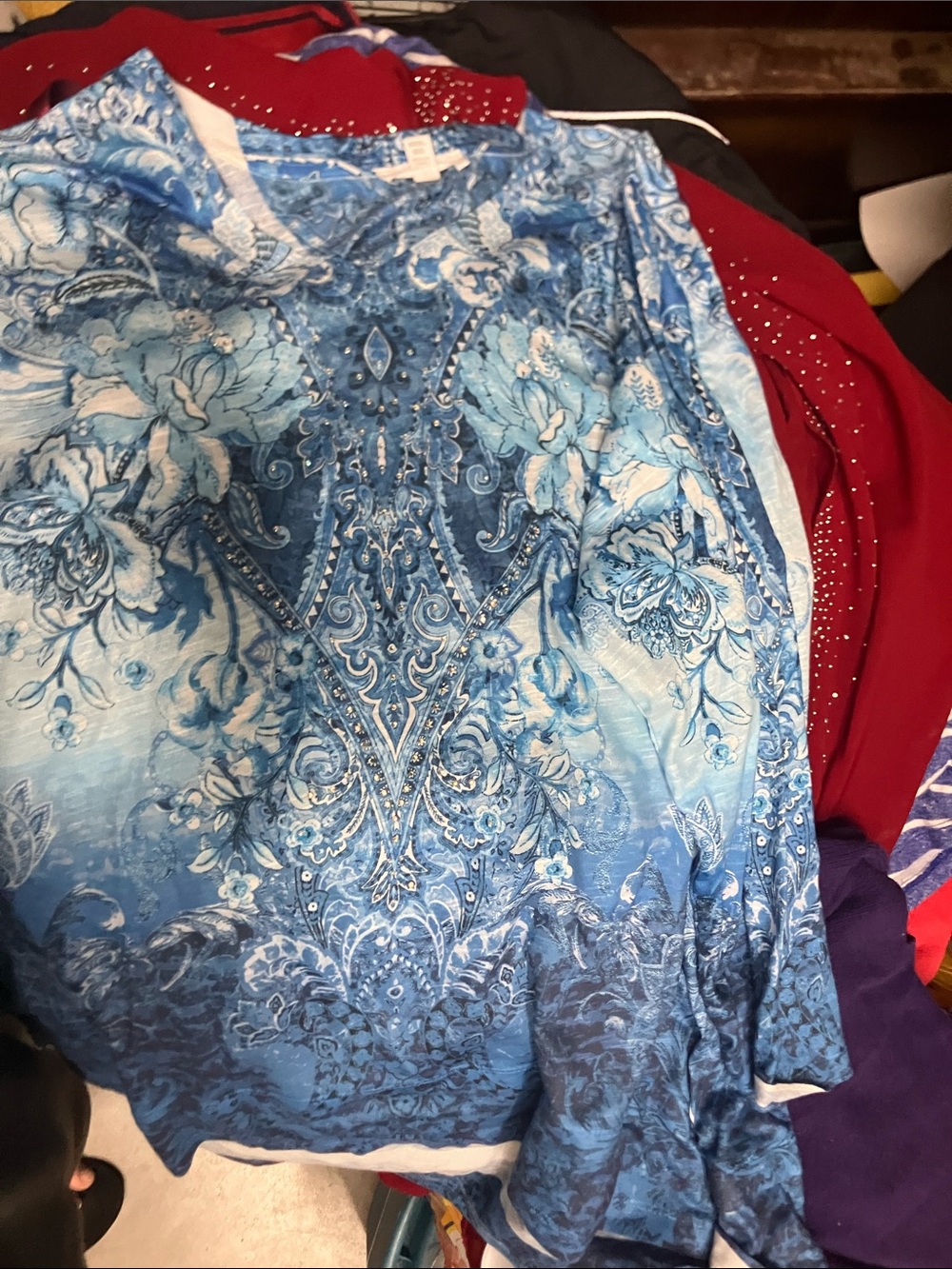 Blue Floral Ombre Long Sleeve Top